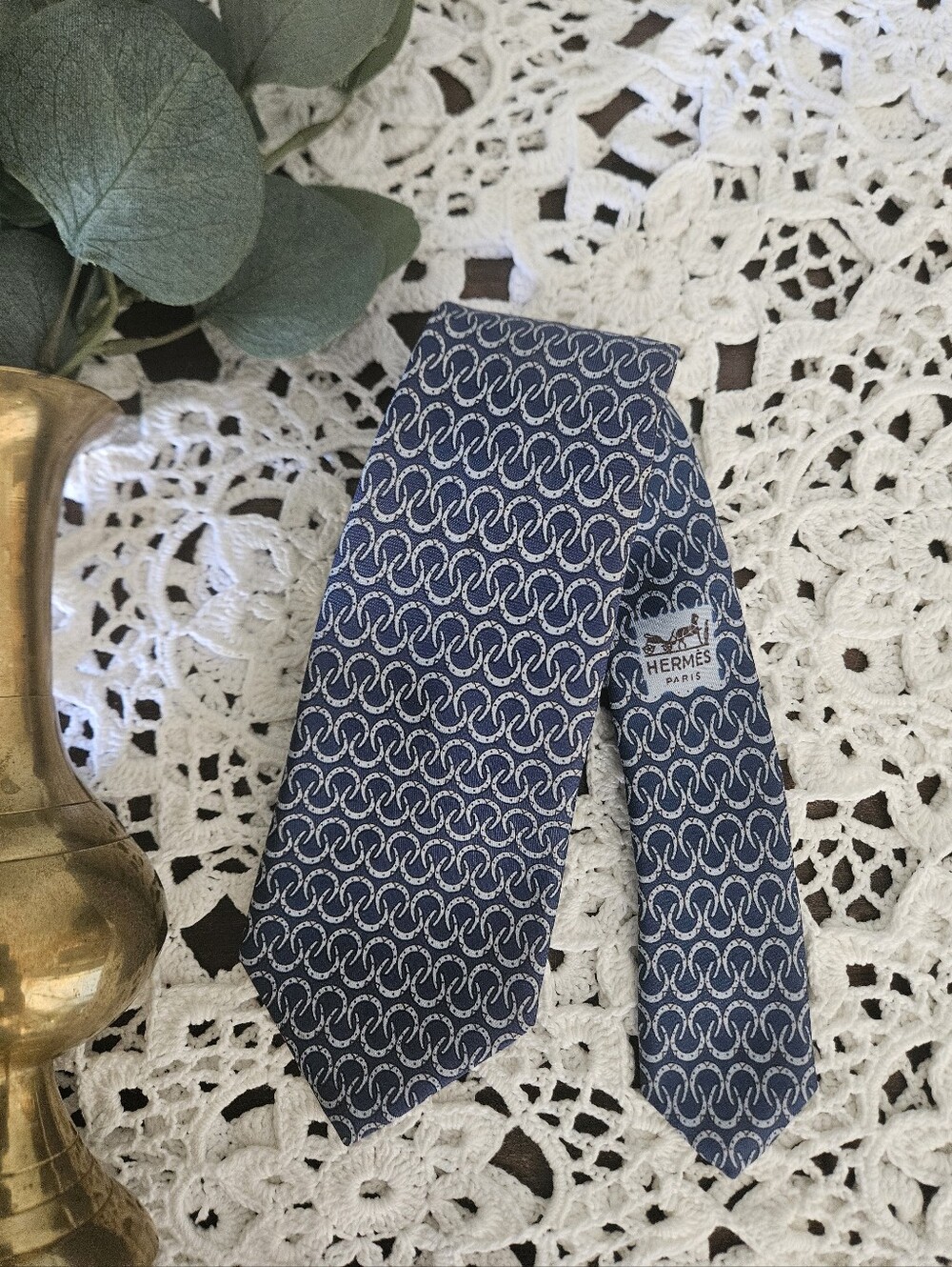 Vintage Hermes Paris  Silk Tie Blue Horseshoe Stirrup Chain Link 494 HA France